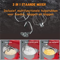 Keukenmachine - 1500 Watt - RVS Mengkom (6 L) – Keukenrobot – Mixer - 6 Snelheden - Met Garde, Deeghaak en Menghaak - Antislip - Rood — thumbnail 3