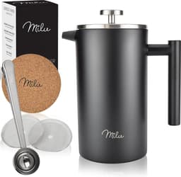 Koffiezetapparaat | 350ml, 600ml, 1L | roestvrij stalen koffiepers, koffiezetapparaat voor thuis, reizen, camping, incl. onderzetter, lepel, vervangingsfilter (zwart, 350ml (2 kopjes) — thumbnail 5