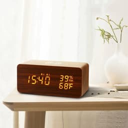 Houten Digitale Wekker - Wekkerradio - Draadloos Oplader iPhone - Wekker - Hout - Reiswekker - Draadloos opladen - Weerstation Binnen - Walnootkleur — thumbnail 3