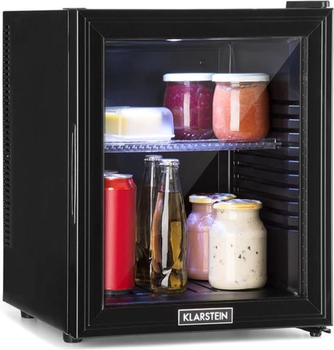 Klarstein Minibar Brooklyn 30 Mini Koelkast - Thermo-elektrisch koelsysteem - 30 liter inhoud - 3 standen koeling: tot 12 °C - Energie-efficiëntieklasse F - 23 dB - Flexibel kunststof plateau - LED licht - Panoramadeur van glas - Zwart — afbeelding 1