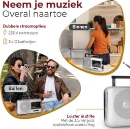 Caliber Noodradio met Zaklamp - Draagbare radio - Werkt op batterijen en op Netstroom - Retro radio - FM radio - Keukenradio - Noodradio Denk Vooruit - Handvat - Koptelefoonaansluiting - Zilver (HPG317-R) — thumbnail 4