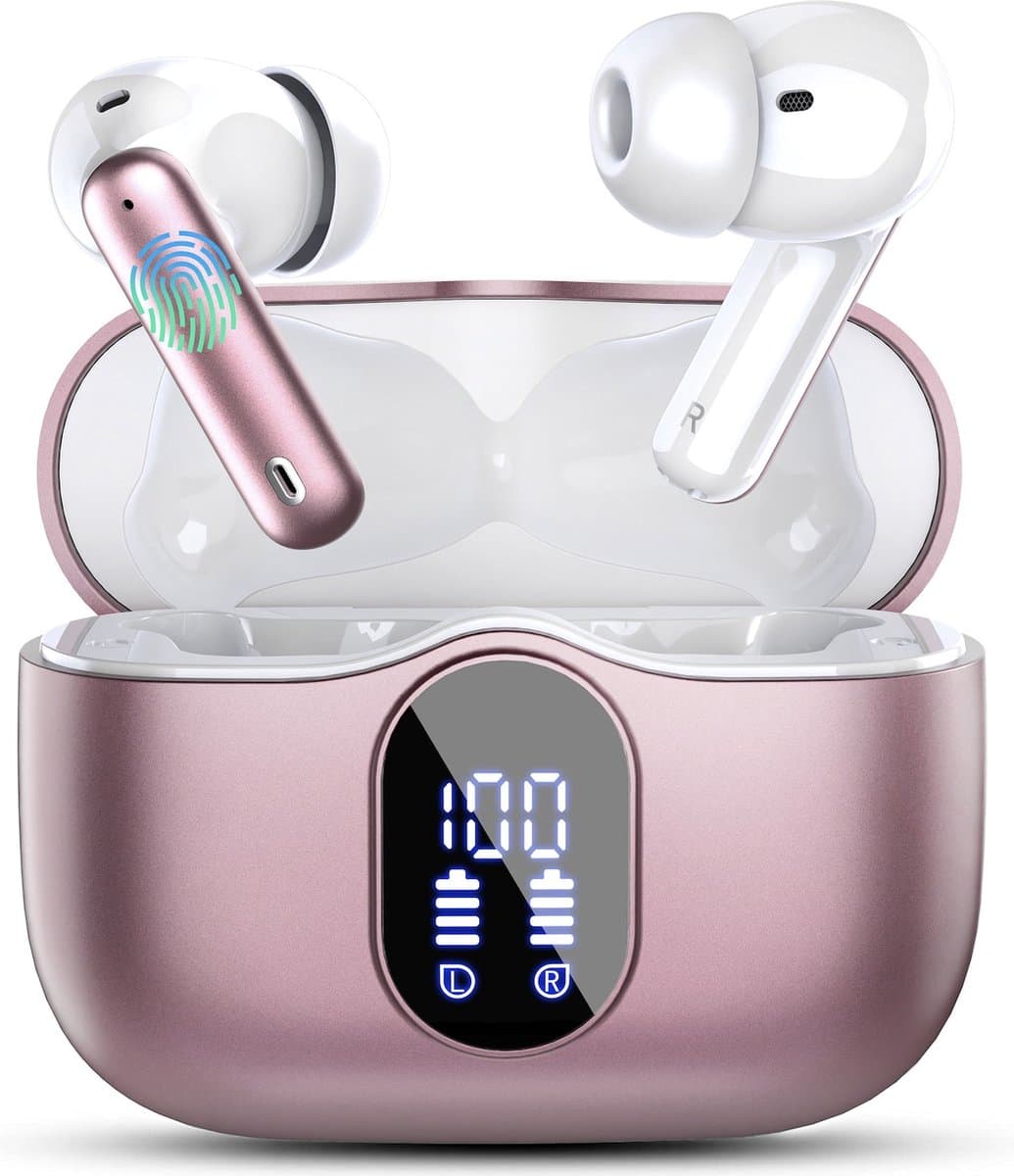 PrimeSound Sky Pro Draadloze Oordopjes - Active Noise Cancelling - LED Display - Bluetooth 5.3 - Rosé Goud — afbeelding 1