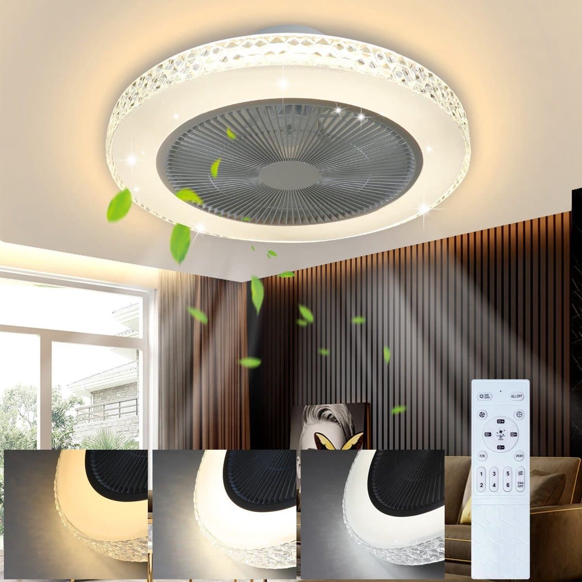 NETTLIFE Plafondventilator met verlichting - wit - 48.5CM - Rond - met afstandsbediening - LED 38W - metaal en kristal - CCT dimbaar - woonkamer ventilator - Timing plafondlamp - slaapkamer | eetkamer — afbeelding 1