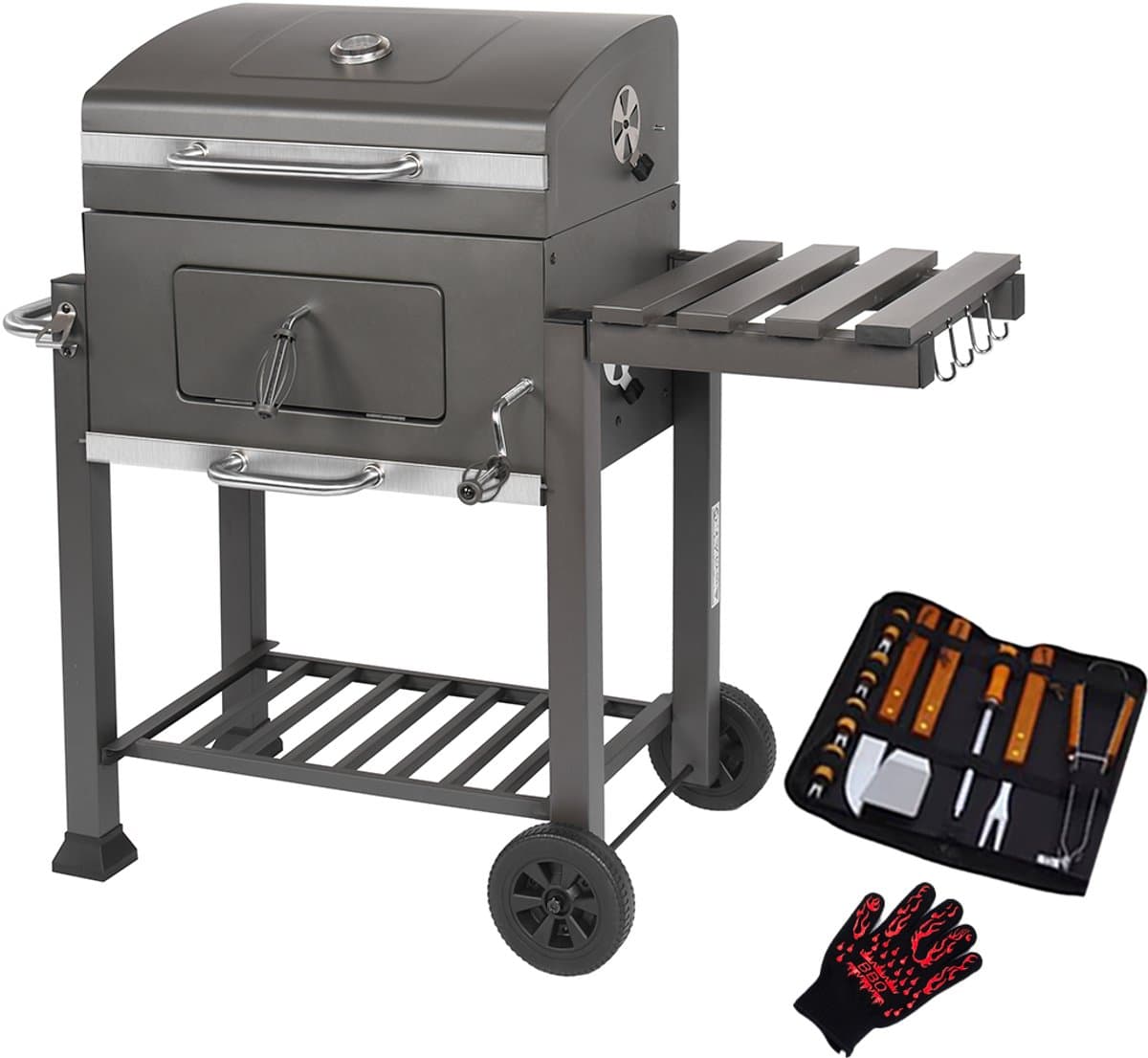 MaxxGarden Houtskoolbarbecue - Grilloppervlak (LxB) 42 x 42 cm - Staal - Met handgeep - Zwart - Incl. BBQ set — afbeelding 1