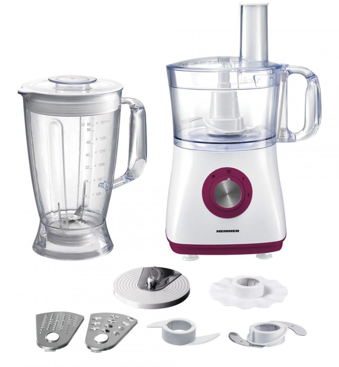 Heinner Multifunctionele Foodprocessor – 750 W – Mengkom 1,2 L – Blender 1,8 L – 2 Snelheden en Pulsstand – Hakken, Kneden, Snijden, Raspen en Emulgeren – Wit/Bordeauxrood — afbeelding 1
