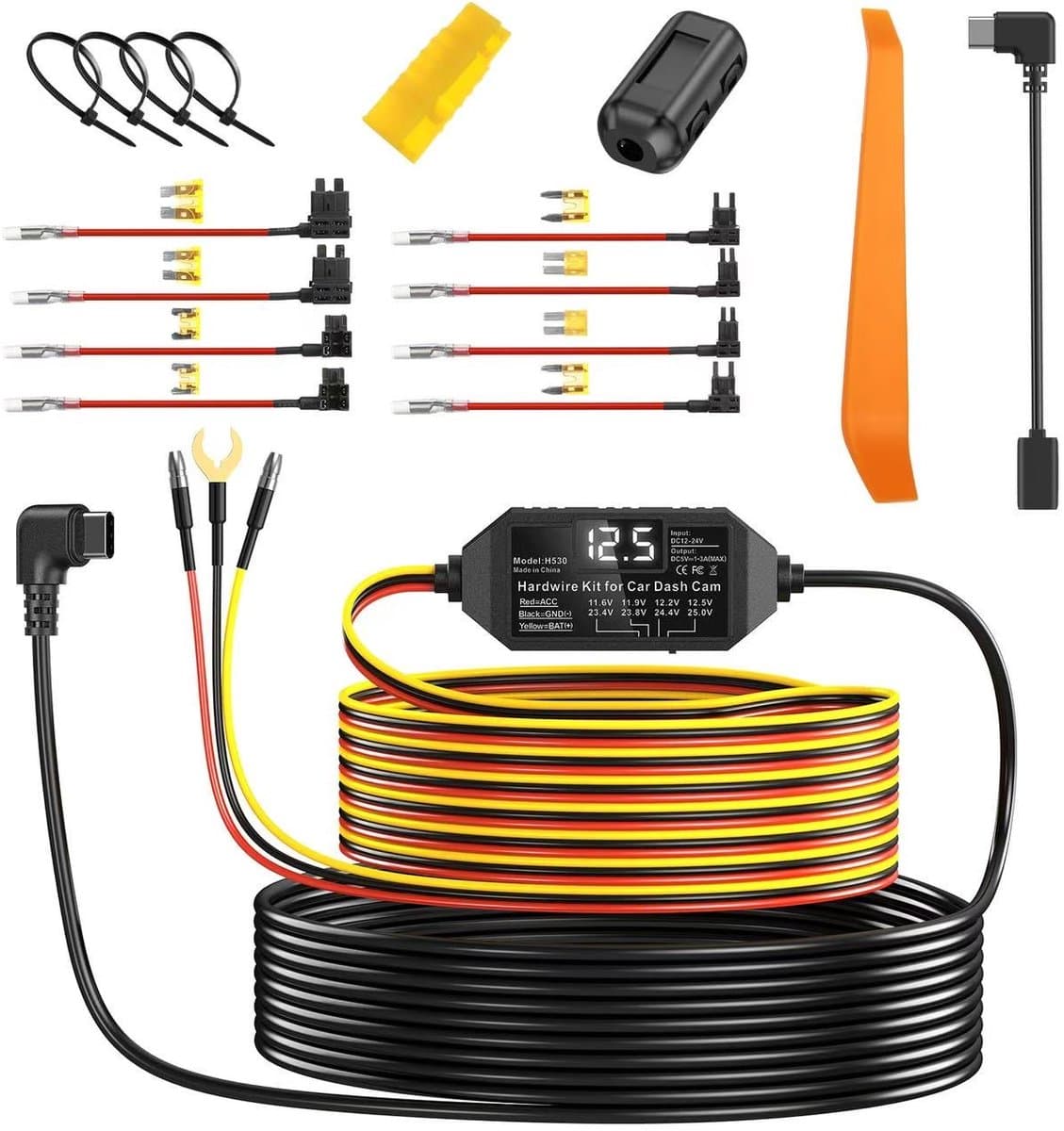 Camigoo® Dascham Hardwire Kit Pro - Voor 24/7 Parkeerbewaking - Met Bescherming Tegen Lage Accu - Met 4 Verschillende Zekeringtypen - Accustroom - Constante Voeding - Geschikt voor alle Camigoo® & Type-C aansluiting Dashcams — afbeelding 1