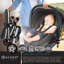 KESSER® Kinderwagen 3 in 1 Loops Wandelwagen Set incl. Autostoel & Reiswieg & Buggy Sportzitje - Massieve Rubberbanden - Luiertas / Regenhoes - Asfalt-Grijs / Zilver — thumbnail 5
