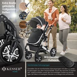 KESSER® Kinderwagen 3 in 1 Loops Wandelwagen Set incl. Autostoel & Reiswieg & Buggy Sportzitje - Massieve Rubberbanden - Luiertas / Regenhoes - Asfalt-Grijs / Zilver — thumbnail 2