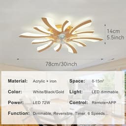 Moderne Plafondventilator met Verlichting - Ø78cm - Dimbaar - 6 Snelheden - Omkeerbaar - Afstandsbediening/App Besturing - Perfect voor Slaapkamer en Woonkamer - Goud — thumbnail 5