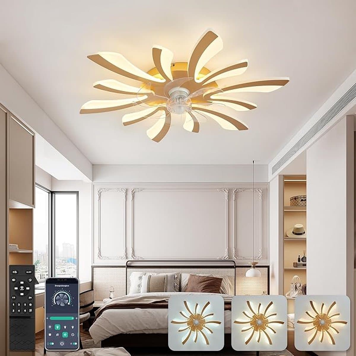 Moderne Plafondventilator met Verlichting - Ø78cm - Dimbaar - 6 Snelheden - Omkeerbaar - Afstandsbediening/App Besturing - Perfect voor Slaapkamer en Woonkamer - Goud — afbeelding 1