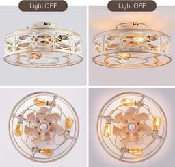 Industriële Plafondventilatorlamp - Wit - Stille Motor - Afstandsbediening - Vintage Kooi Design - 6 Snelheden - Timerfunctie - Woonkamer en Keuken - Zomer en Winterstand - E27 Fitting — thumbnail 5
