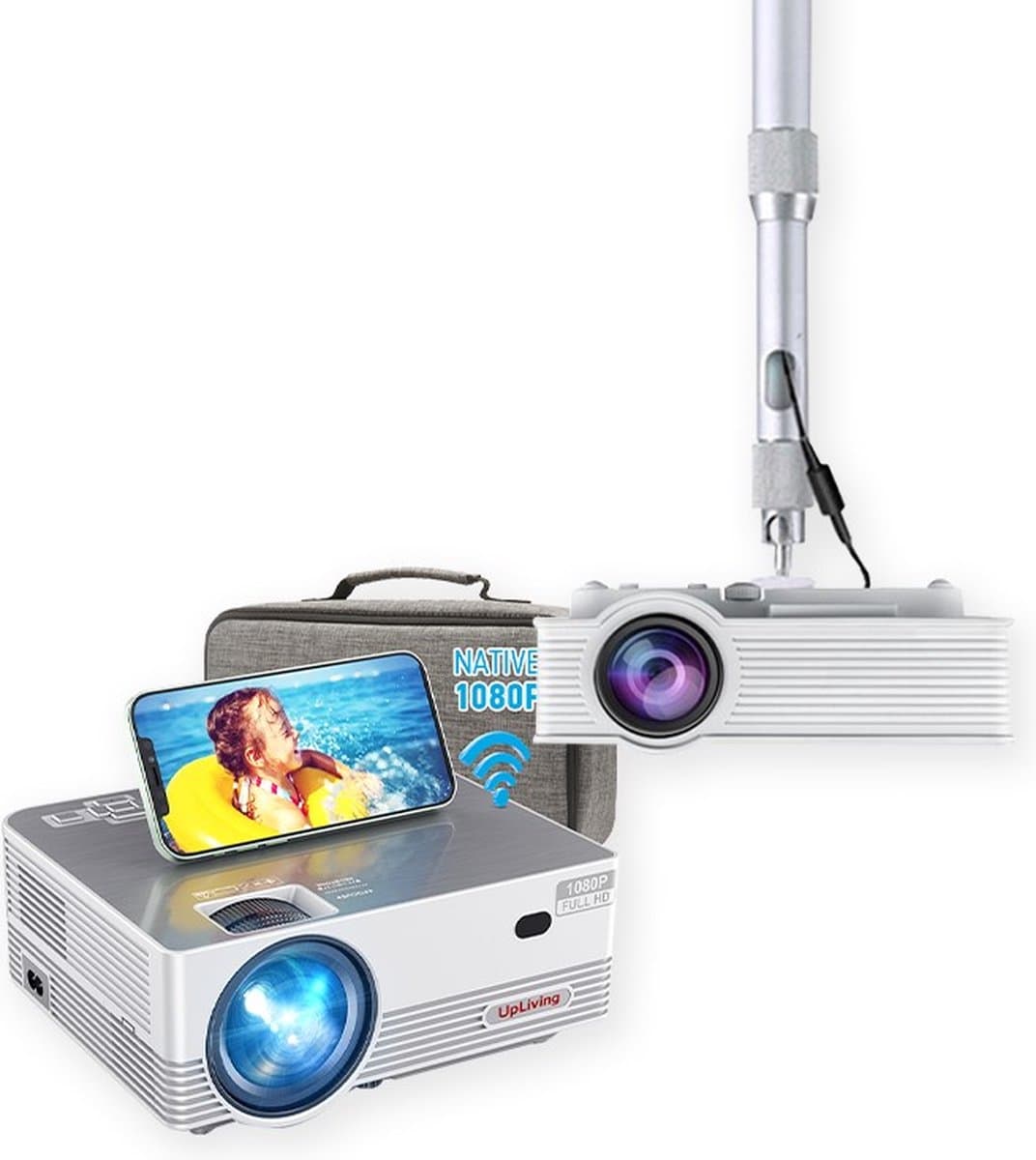 UpLiving® LCD Mini Beamer met Beugel | Met WiFi | Met Bluetooth | Native Full HD | 10.000:1 Contrastratio | 8.000 Lumen | Projector - Mini Beamer - Draagbare Pocket Beamer - Afstandsbediening - Draagtas — afbeelding 1