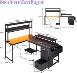 Gaming Bureau met LED Verlichting - 148x100x148 cm - L-Vormig Hoekbureau met Stopcontact - 3 Non Woven Lade - Gaming Desk - Computer Tafel - Gaming Tafel - met Opbergplanken, Tas & IJzeren Haak - Zwart - Bureau voor Gamen, Studeren en Werken — thumbnail 2