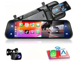 HD-achteruitkijkspiegel-dashcam - met draadloze Apple CarPlay- en Android Auto-functionaliteit - 9,66 inch - 1080p - IPS-touchscreen - Dashcam met twee schermen - Bluetooth + AHD-achteruitrijcamera - wifi