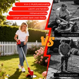 Accu grastrimmer met accu, gazonkantentrimmer met 2 accu's 21V en 4 mestypen + 1 tuinschaar, opvouwbare grasmaaier-Rood — thumbnail 3