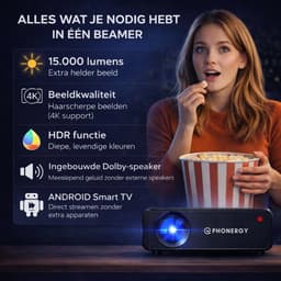 Phonergy Lumora - Mini Beamer - Full HD (4K ondersteuning) - Projector - 2026 - 15000 Lumen - HDMI- Wifi - Bluetooth - WK 2026 - Zwart — thumbnail 2