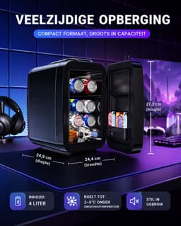 Jensaro Mini Koelkast 4L - Gaming Koelkast Met LED RGB Verlichting - Koelen En Verwarmen - AC/DC - Voor Auto En Kamer - Zwart — thumbnail 5