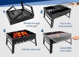 Daity 1 stuk - Houtskoolbarbecue – Draagbare tafelgrill, camping- & picknickgrill – Afneembare, inklapbare minigrill voor buiten, terras en camping (Groot) – Zwart — thumbnail 4