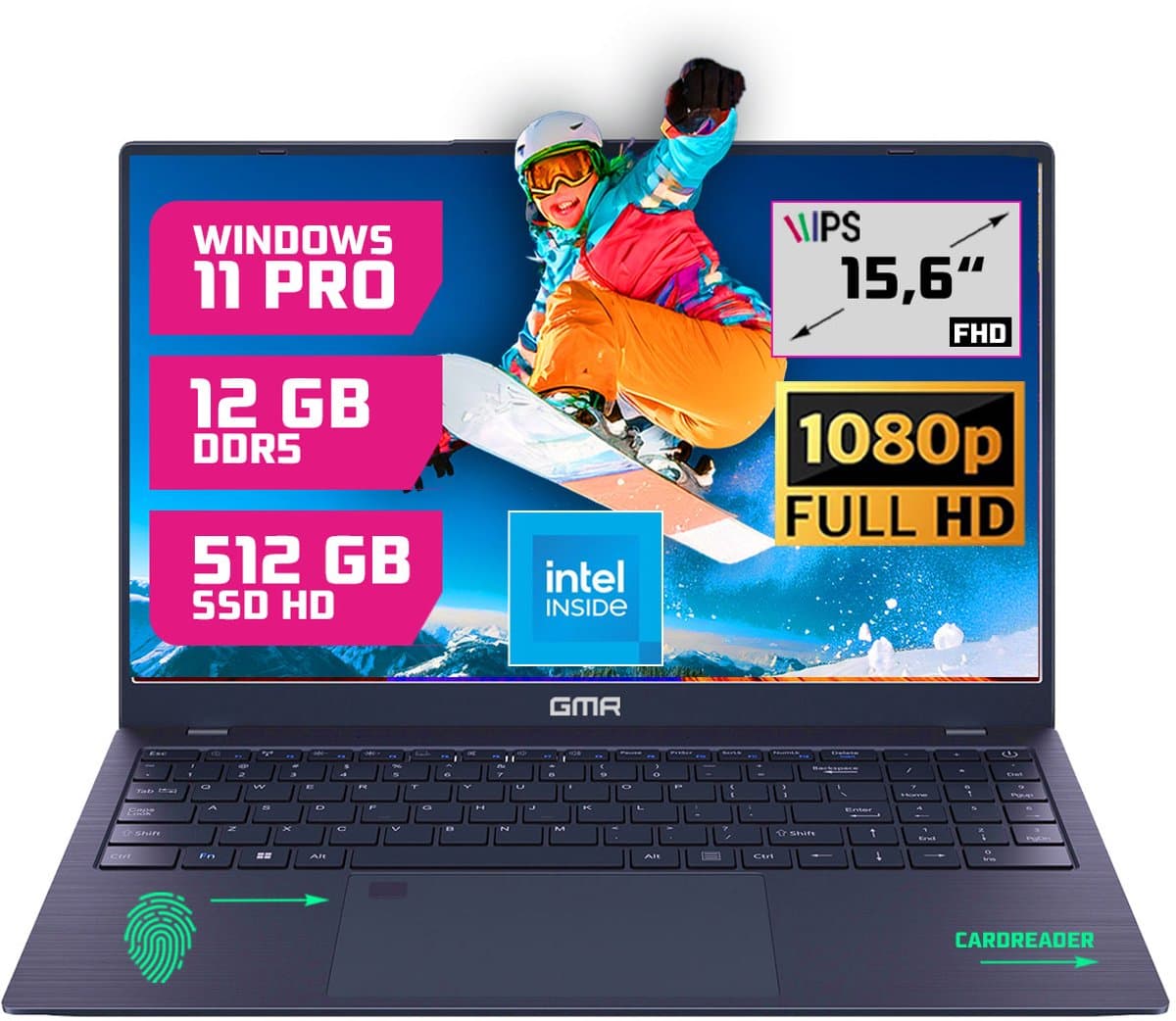 GMR - 15.6 Inch Full HD Laptop - Intel N95 - 12GB DDR5 RAM - 512GB SSD - Windows 11 Pro voor Thuis, Office en Studie - QWERTZ/QWERTY Notebook — afbeelding 1