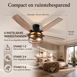 Rosnek Plafondventilator met Verlichting Ø112cm - Smart Lamp met Afstandsbediening - Plafonniere Keuken Lamp met 6 Ventilatiesnelheden - Plafond Ventilator Lamp met Timer, Landelijke Stijl voor Slaapkamer, Woonkamer & Terras — thumbnail 4