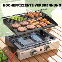Gasgrill - Gasbarbecue met 2 Branders - Draagbare Gasbarbecue en grill - 5 kW - Grillwagen - Tafelgrill - met Keramische Coating, Grillrooster & Warmhoudrek - 51,5 x 44 x 21 cm - Zwart — thumbnail 5