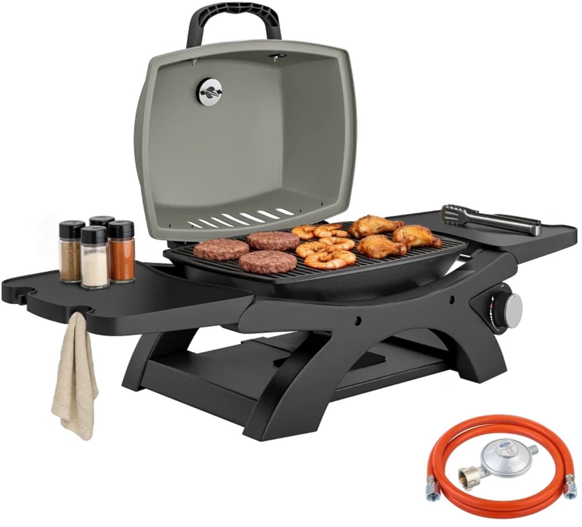 Draagbare Gasbarbecue - Inklapbaar Gasbarbecue en grill - 1 Branders - 3,3 kW - Grillwagen - Barbecuewagen - met Grillrooster, Bijzettafels, Vetopvangbak, Thermometer & Deksel - 102 x 48 x 38 cm - Zwart + Grijs — afbeelding 1
