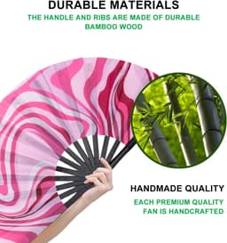 Opvouwbare Handventilator - Handwaaier Dansventilator - Koelte Blijven - Bamboe Frame Nylon Doek - 34 cm Gesloten - Roze Golf — thumbnail 5