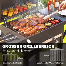 Houtskoolgrill met Deksel – BBQ Smoker Grill met 2 Zijtafels, Groot Grilloppervlak, Thermometer en Wielen – 110 x 46,5 x 101 cm / 43,3 x 18,3 x 39,8 inch – Zwart — thumbnail 5