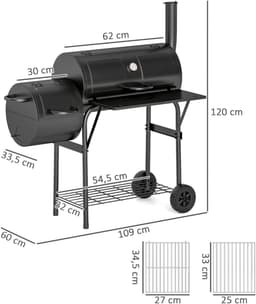 Holzkohlegrill met Deckel en Thermometer – BBQ Smoker met Wielen en Aflegplank – 109 x 60 x 120 cm / 42,9 x 23,6 x 47,2 inch – Zwart — thumbnail 4