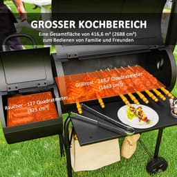 Holzkohlegrill met Deckel en Thermometer – BBQ Smoker met Wielen en Aflegplank – 109 x 60 x 120 cm / 42,9 x 23,6 x 47,2 inch – Zwart — thumbnail 3