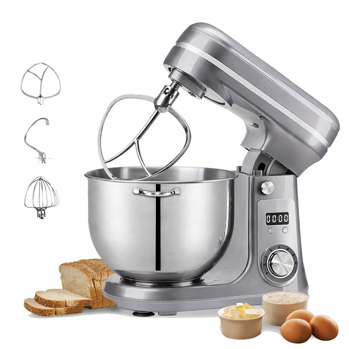 Sello! keukenmachine - krachtige stille motor – deeg kneden – mixer – kloppen – 6 snelheden – 1200 watt – 6 liter – grijs — afbeelding 1
