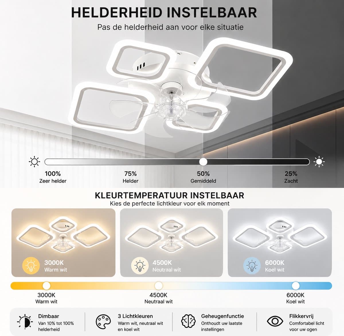 Plafondventilator met LED Verlichting – 65W – Dimbaar (3000K-6000K) – 6 Snelheden – Met Afstandsbediening & App – Stil – Wit — afbeelding 1