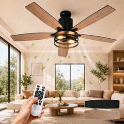 MUPOO massief hout Plafondventilator met Verlichting 132 cm - Energiezuinige DC Motor&Afstandsbediening-Muisstil- Zomer- en winterstand-6 Snelheden & Timer- ventilator lamp plafond Voor Woonkamer,Hoge Plafonds & Eetkamer — thumbnail 1