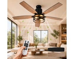 MUPOO massief hout Plafondventilator met Verlichting 132 cm - Energiezuinige DC Motor&Afstandsbediening-Muisstil- Zomer- en winterstand-6 Snelheden & Timer- ventilator lamp plafond Voor Woonkamer,Hoge Plafonds & Eetkamer