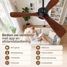 Rosnek Plafondventilator met Lamp - Ventilator Plafond met Massief Houten Bladen - LED Plafondlamp Dimbaar - Afstandsbediening & App - 6 Snelheden - Stille DC Motor - Ø106cm — thumbnail 4