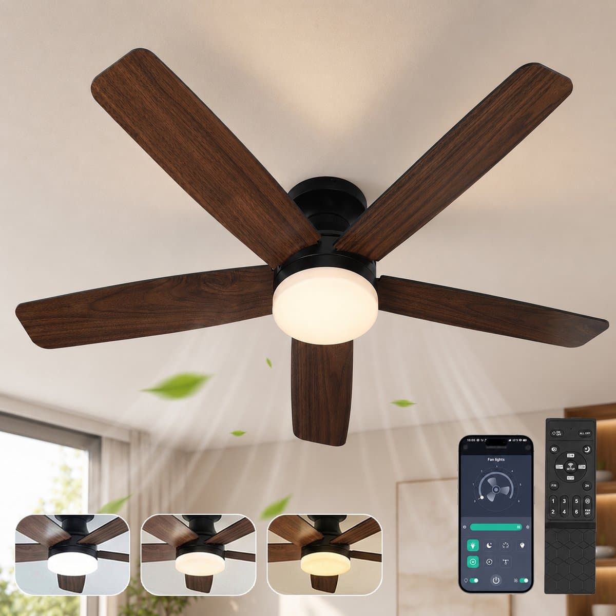 Rosnek Plafondventilator met Lamp - Ø106 cm - Ventilator Plafond met Dubbelzijdige Bladen - LED Plafondlamp Dimbaar - Afstandsbediening & App - 6 Snelheden - Stille DC Motor — afbeelding 1