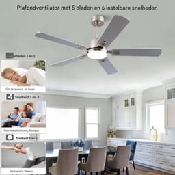 Plafondventilator-MDF-LED-Dimbaar-52Inch-Nickel-Metalen-Houten-5Bladen-Reversibel-6Snelheden-Fernbedienung — thumbnail 2