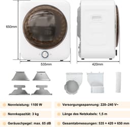 Re-purelife® mini wasdroger 3 kg met 8 programma's - compacte luchtafvoerdroger van staal en ABS - wandmontage mogelijk met dubbel filter en NTC-sensor - modern design - wit - 53,5 × 42 × 65 cm — thumbnail 4