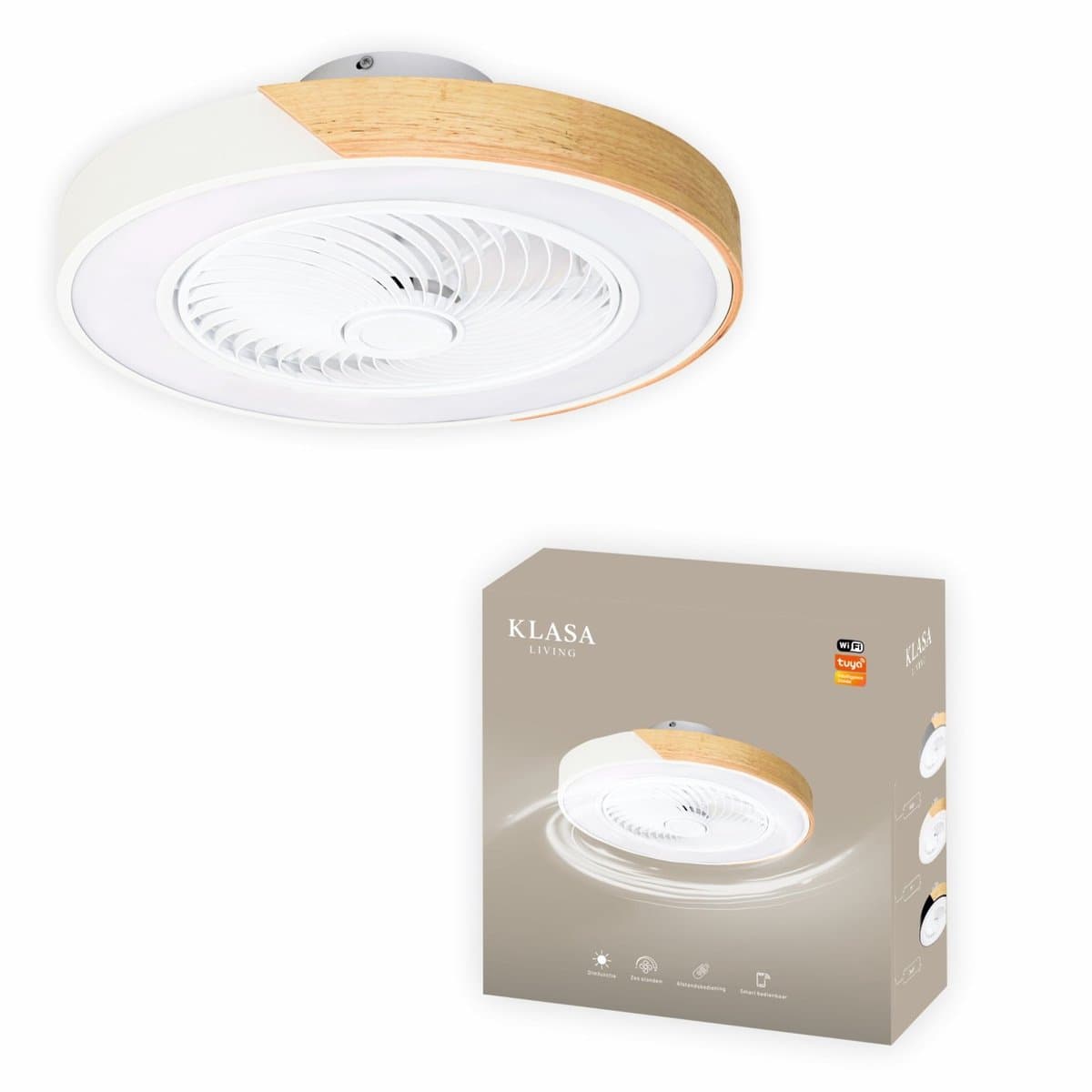 Slimme Plafondventilator - Wit + Hout - Ø 52 cm - Stille Motor - Handige App - Dimfunctie - Plafond Ventilator met Verlichting - Plafondlamp met Ventilator — afbeelding 1