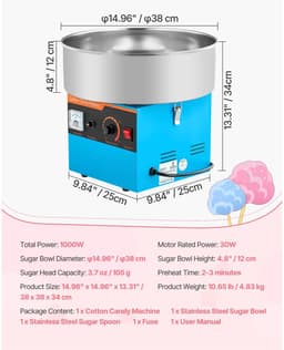 Damenzo - Suikerspinmachine - Foodprocessor - Snoep - Commerciële suikerspinmachine - Elektrisch - 1000W - 38x38x34 cm - Blauw — thumbnail 2