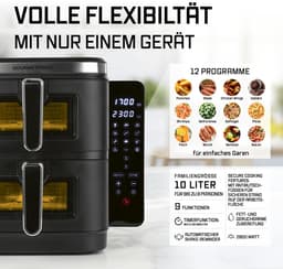 GOURMETmaxx FryUp Verticale dubbele kamer heteluchtfriteuse XXL | Airfryer met kijkvensters en opklapbaar touchdisplay | Heteluchtfriteuse 2 kamers - 10 l inhoud | Heteluchtfriteuse dubbele kamer 2 niveaus — thumbnail 3