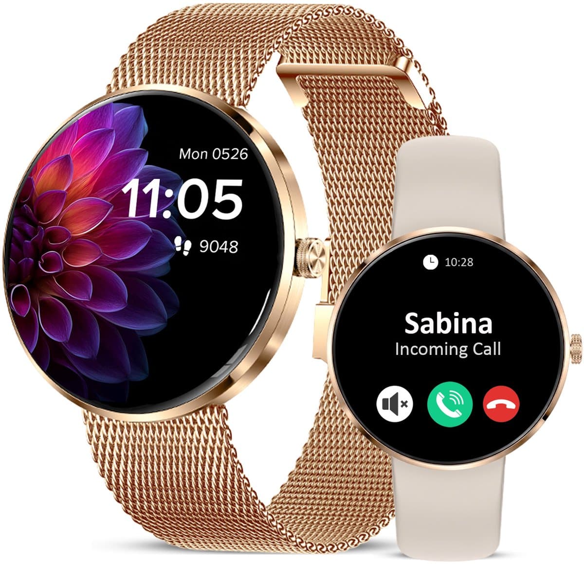 Avalue - AMOLED Dames Smartwatch - Hartslagmeter - Slaapmonitor - Vrouwengezondheid - Multisport - Android & iOS - RVS en Siliconen Band- Goud — afbeelding 1