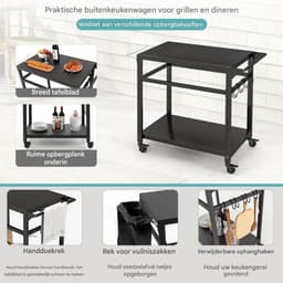Buitenkeuken op Wielen – BBQ Trolley – Met Opbergkast & Planken – Werktafel voor Buiten – Hout & Metaal – Multifunctioneel – Zwart — thumbnail 4