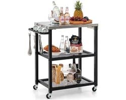 Buitenkeuken op Wielen – BBQ Trolley – Met Opbergkast & Planken – Werktafel voor Buiten – Hout & Metaal – Multifunctioneel – Zwart + Zilver