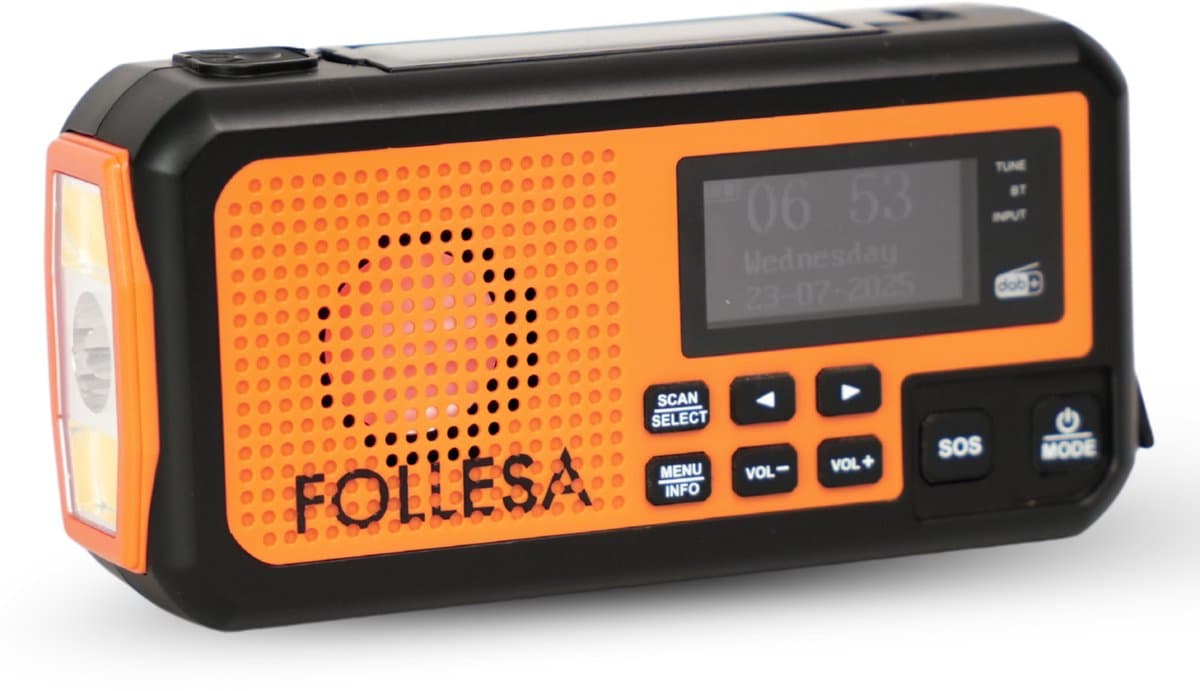 FOLLESA® DAB-373BT Noodradio - Solar Powerbank - 5000mAh - DAB+/FM - Met waterdicht zakje - Noodradio - Opwindbare Survivalradio - Bluetooth & Digitale Wekker - Ideaal voor Noodpakket. — afbeelding 1