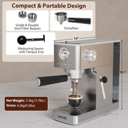 Compacte Pistonmachine met Melkopschuimer en Drukmeter - Espressomachine RVS - 1300W - Voor Espresso & Cappuccino — thumbnail 3