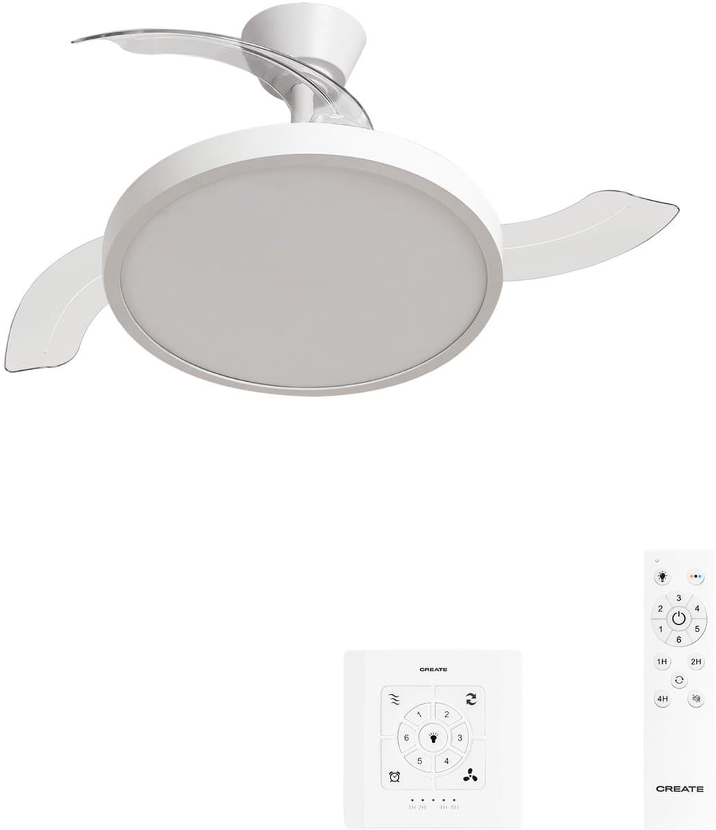 CREATE - Plafondventilator 40W stil met intrekbare bladen met licht - Ø108cm - Wit - Controller voor wandmontage + afstandsbediening - WIND CLEAR STUDIO — afbeelding 1