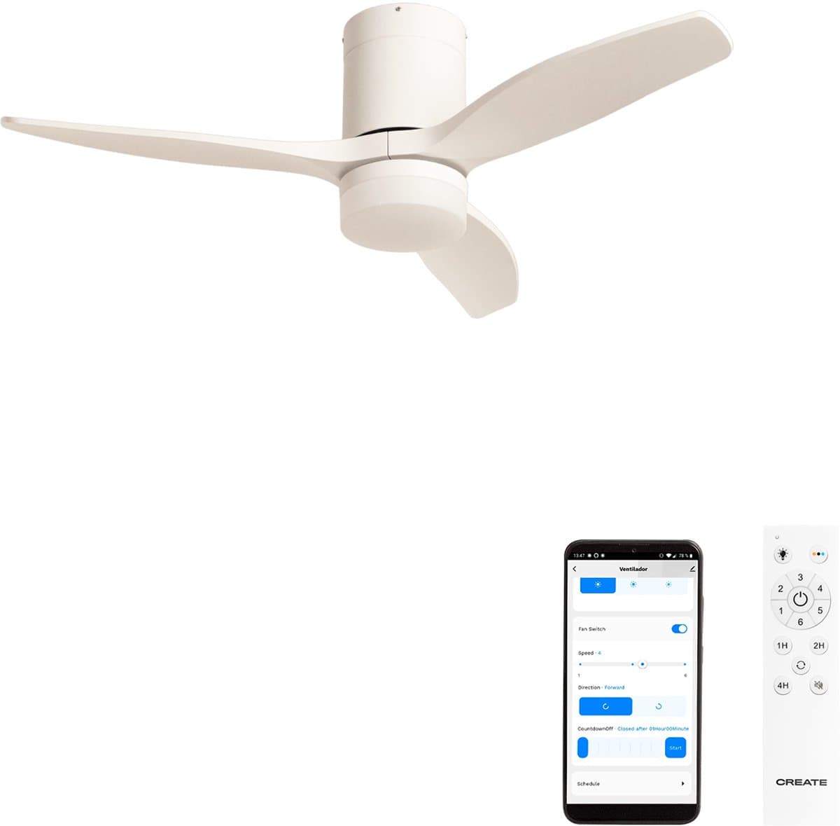 CREATE - Stille 40W plafondventilator met technische ABS bladen (Ø112cm) (ruimtes ≤10m²) - Wit - Met licht - WIFI + Afstandsbediening - WIND CALM — afbeelding 1