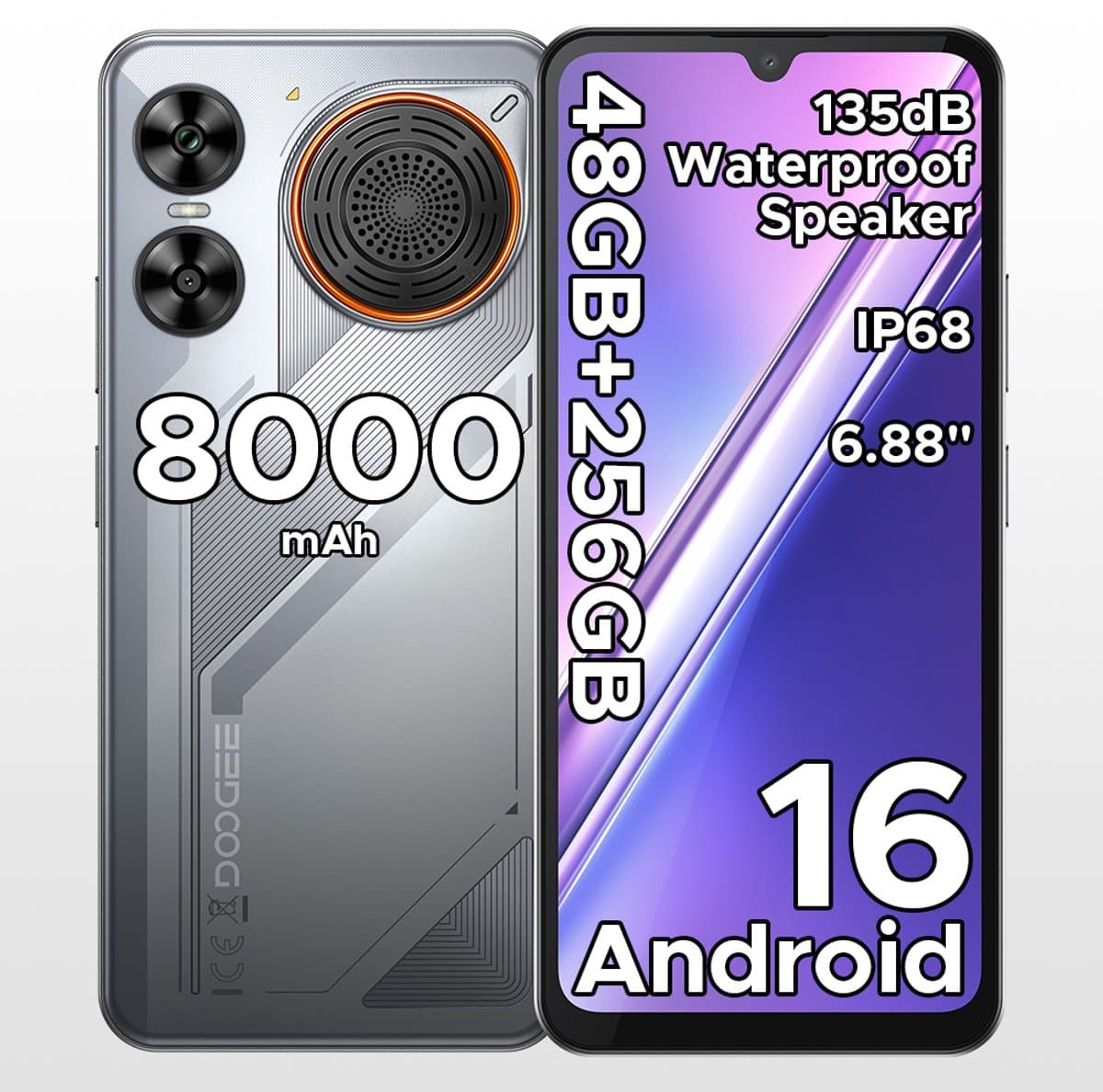 Robuuste smartphone - DOOGEE M30 - Telefoon 2026 - 6,88" 120Hz - 48GB RAM - 256GB ROM - 8000 mAh - Android 16 - IP68 waterdicht - 135dB spreker - GPS,NFC,OTG,FM - Zilver — afbeelding 1