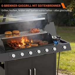 Propaanbarbecue met 6 hoofdbranders en 1 roestvrijstalen zijbrander – barbecuewagen van 60.000 BTU – voorzien van warmhoudrek, onderkast en 2 zwenkwielen met rem – geschikt voor in de tuin, op het terras en op de camping — thumbnail 4